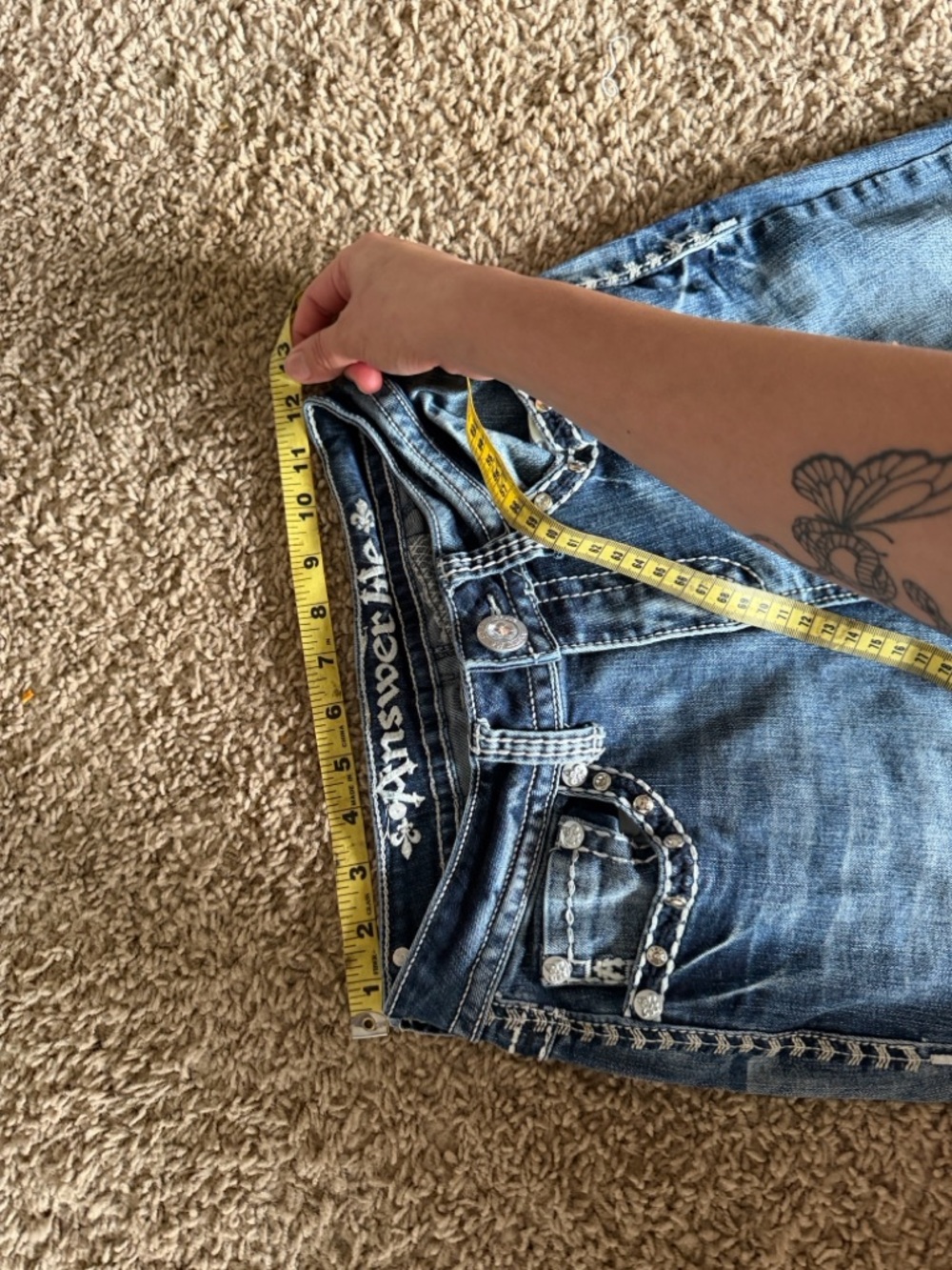 Embellished Blue Boot Cut Jeans with Pocket Rhinestones